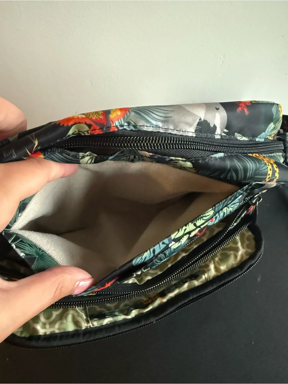 lug Quilted Crossbody Bag in Black with Green and Red Tropical Print
